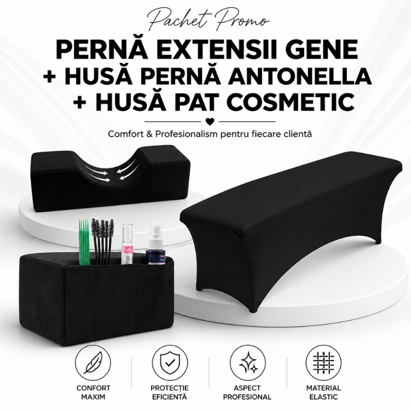 Pachet Promo Perna extensii gene Negru +Husa perna Antonella Negru+Husa pat cosmetic Negru