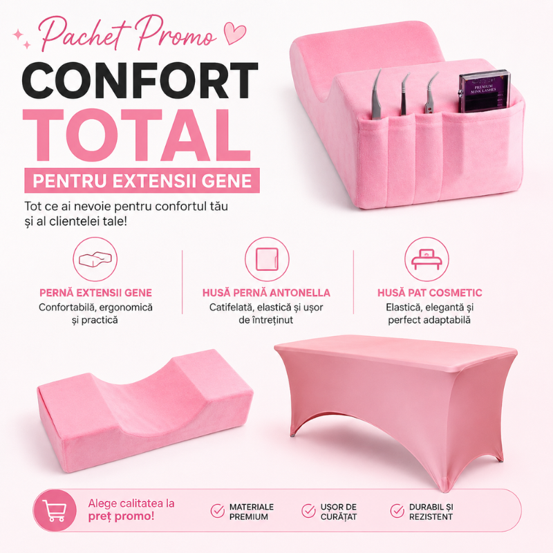 Pachet Promo Perna extensii gene Roz +Husa perna Antonella Roz+Husa pat cosmetic Roz